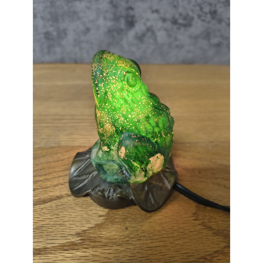 Frog Lily Pad Lamp Green Glass Brass Decor Mood Light